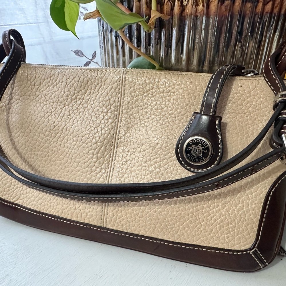 Dooney & Bourke Beige Leather Shoulder Bag with Chocolate Brown Trim